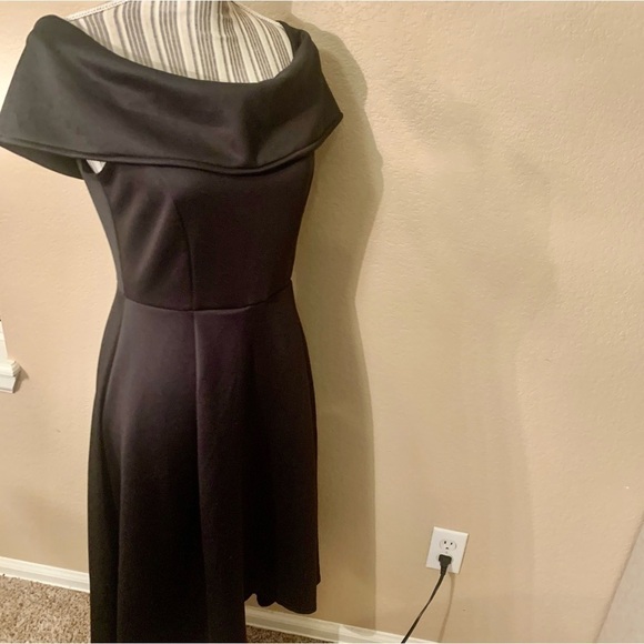 Boohoo Midi Dress Sz 6 Black Gown Off the Shoulder Hi-Low Heavy Sleeveless - Picture 5 of 14